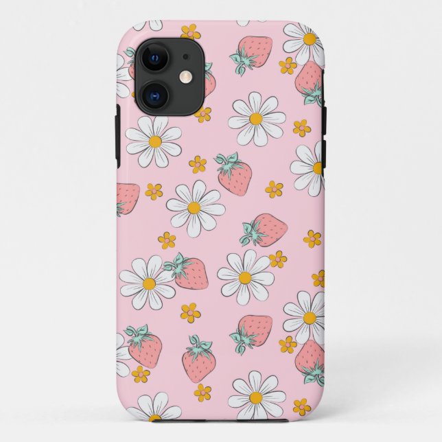 Capa Para iPhone 11 Morangos Rosa e margaridas com padrão (Verso)