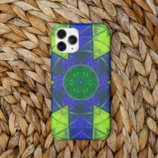 Capa Para iPhone 11 Mosaico Caleidoscópio Flor Azul e Verde