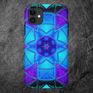 Capa Para iPhone 11 Mosaico Caleidoscópio Flor Azul Roxo e Teal