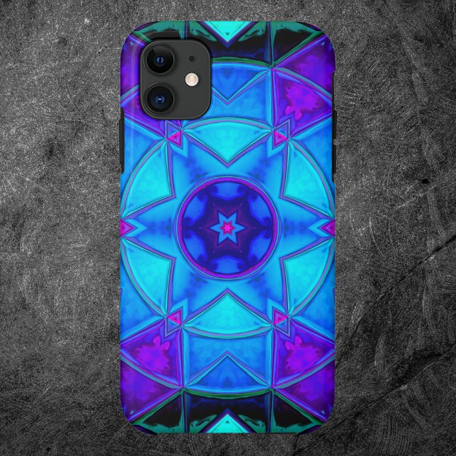 Capa Para iPhone 11 Mosaico Caleidoscópio Flor Azul Roxo e Teal (Criador carregado)