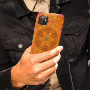Capa Para iPhone 11 Mosaico Caleidoscópio Flor Vermelho Laranja e Pret