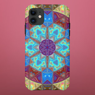 Capa Para iPhone 11 Mosaico Mandala Azul, Rosa e Amarelo