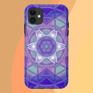 Capa Para iPhone 11 Mosaico Mandala Flor Roxo Azul e Branco