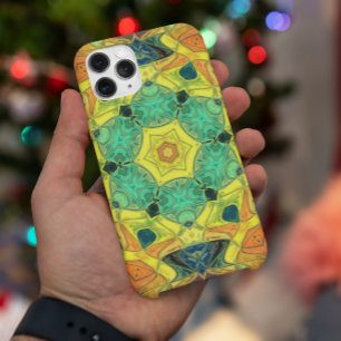 Capa Para iPhone 11 Mosaico Mandala Flor Verde Amarelo Azul e Laranja