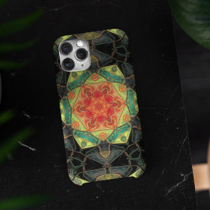 Capa Para iPhone 11 Mosaico Mandala Flor Vermelho Amarelo Verde e Pret