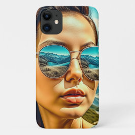 Capa Para iPhone 11 Mulher Bonita de Óculos de Sol Reflexo da Montanha