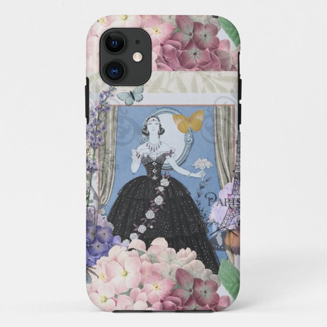 Capa Para iPhone 11 Mulher Elegante Azul Vestido Floral Chique  (Verso)