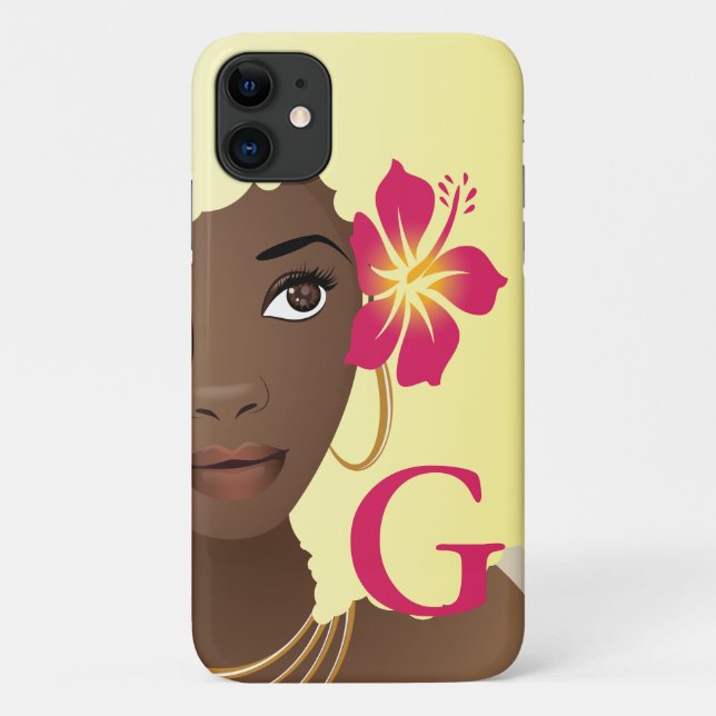 Capa Para iPhone 11 Mulher Negra, Flor em seu afro louro, Monograma (Verso)