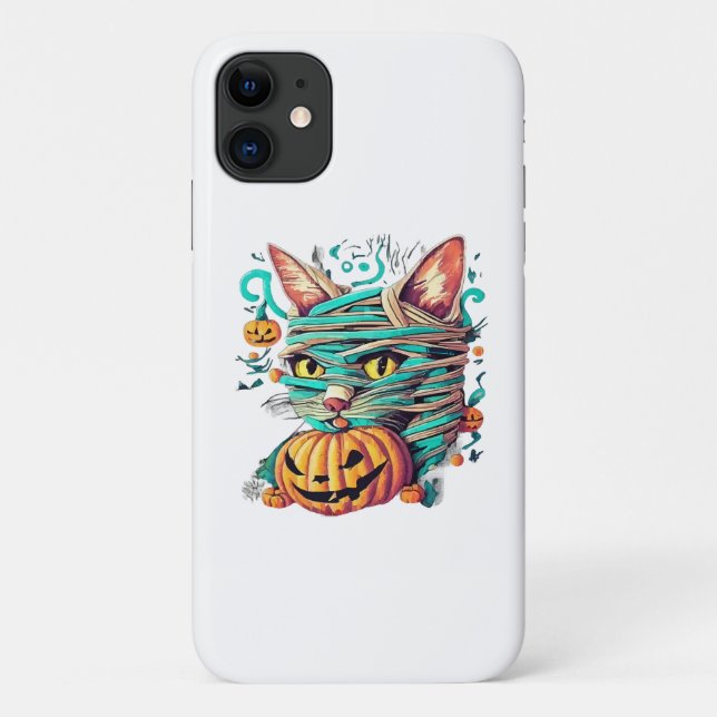 Capa Para iPhone 11 Múmia Divertida de Gato no Halloween (Verso)