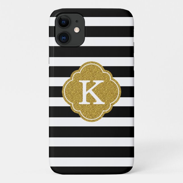 Capa Para iPhone 11 Na moda Black Stripes Dourado Monograma (Verso)