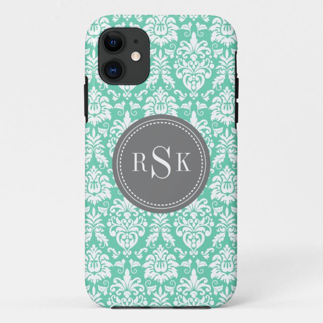 Capa Para iPhone 11 Na moda Monograma Trio Mint Damask (Verso)