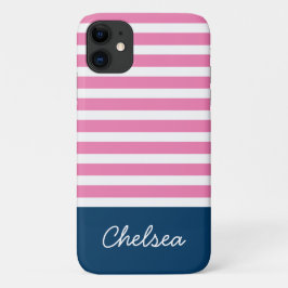 Capa Para iPhone 11 Na moda Rosa Stripes Azul Nome