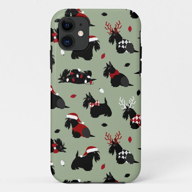 Capa Para iPhone 11 Natal Scottish Terrier Green (Verso)