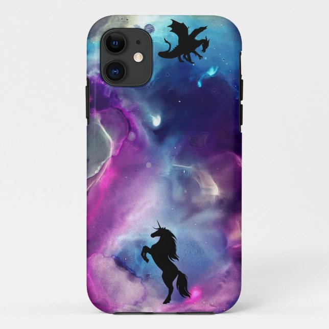 Capa Para iPhone 11 Nebulosa Espacial Fantástica Dragão Unicórnio Rosa (Verso)