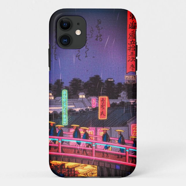 Capa Para iPhone 11 Neon Night Edo: Cyberpunk Nihonbashi & Mount Fuji (Verso)
