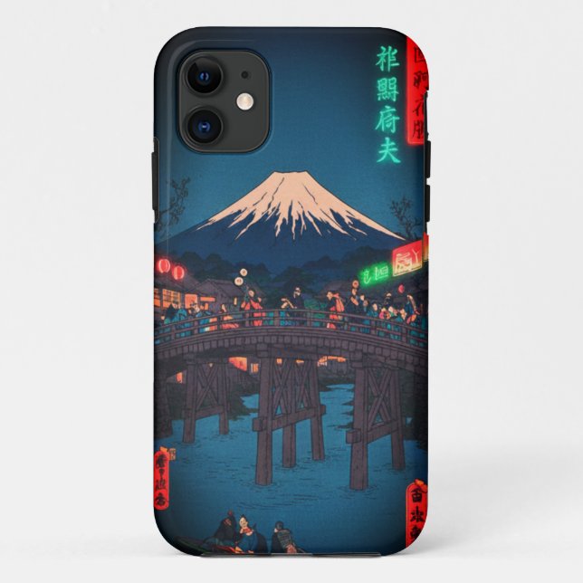 Capa Para iPhone 11  Neon Night Edo: Cyberpunk Nihonbashi & Mount Fuji (Verso)
