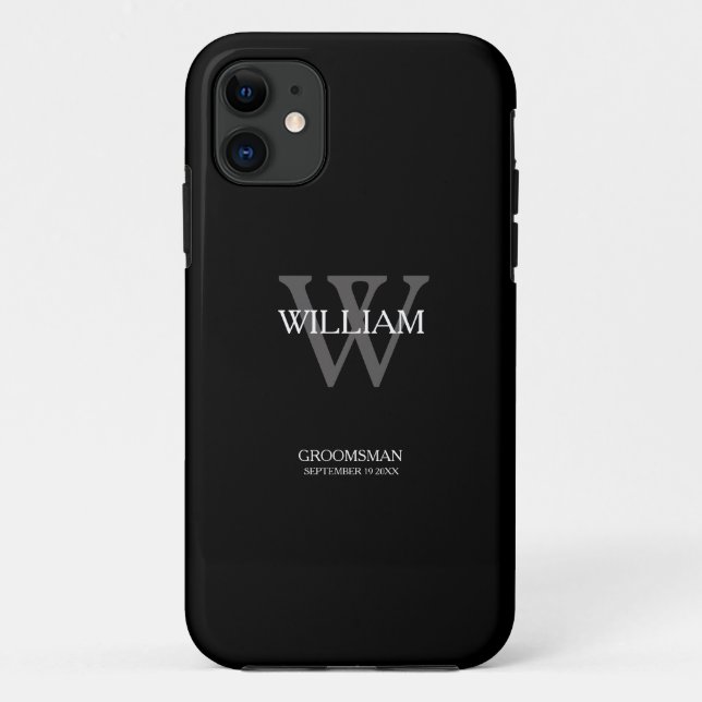 Capa Para iPhone 11 Nome Branco Monograma Cinza Clássico Preto Padrinh (Verso)