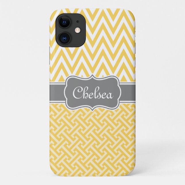 Capa Para iPhone 11 Nome da Cinza do Padrões Chevron-Key Grego Amarelo (Verso)