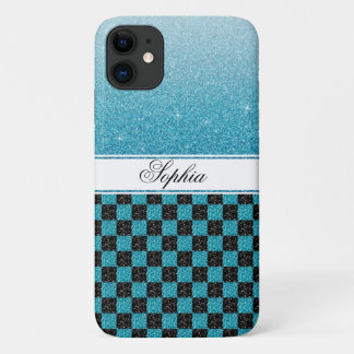 Capa Para iPhone 11 Nome da Glitter de Minigráfico Azul Personalizado