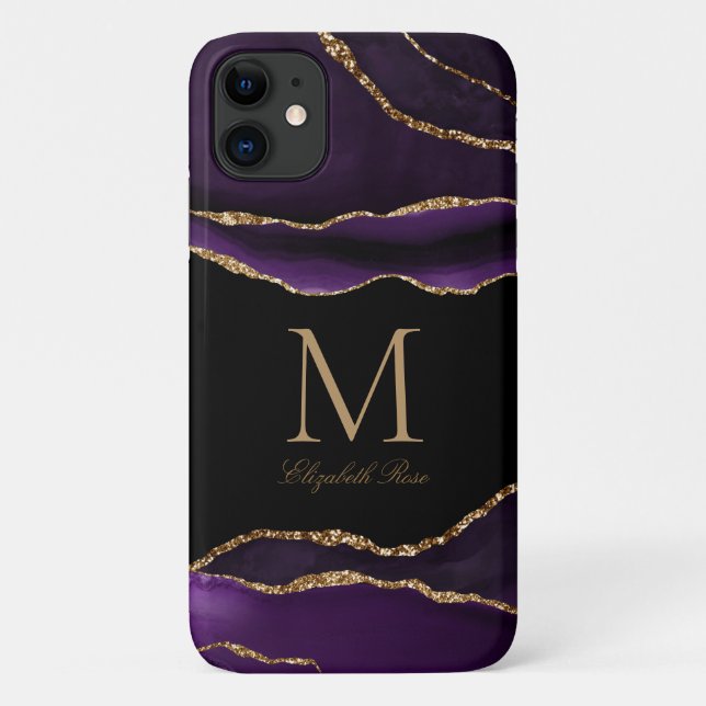 Capa Para iPhone 11 Nome do Monograma Agate Roxo Moderno Preto Dourado (Verso)