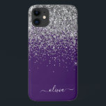 Capa Para iPhone 11 Nome do Monograma da Rapariga Roxa de Prata<br><div class="desc">Faísca de Prata e Roxo Faux e Coletor de Largura Bruta de Metal Monograma Nome e Telefone Inicial. Isto faz o doce e perfeito aniversário de 16 anos, casamento, chá de panela, aniversário, chá de fraldas ou festa de solteira presente para alguém que ama luxo de luxo e estilos quíticos....</div>