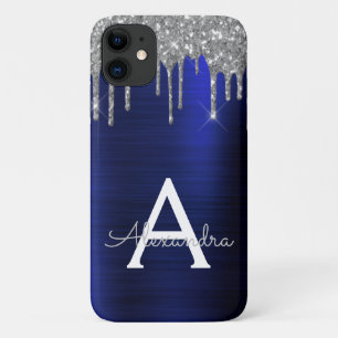 Capa Para iPhone 11 Nome do Monograma de Minigrama Azul com Glitter Ma