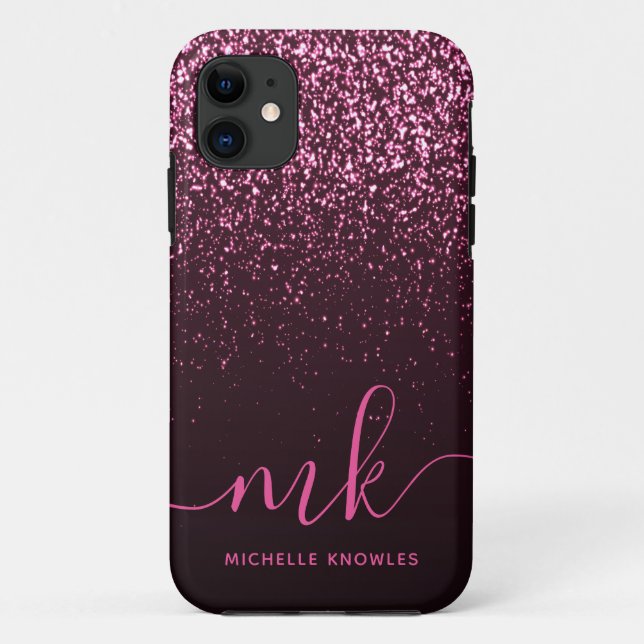 Capa Para iPhone 11 Nome do Monograma do Script Moderno do Glitter Ros (Verso)