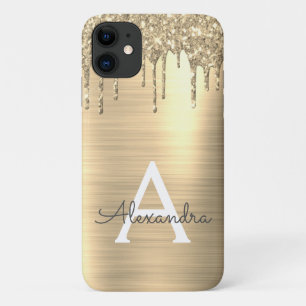 Capa Para iPhone 11 Nome do Monograma Dourado com Glitter Brugado Meta