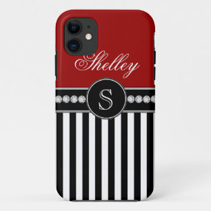 Capa Para iPhone 11 Nome do Monograma - Stripes Pretas Vermelhas