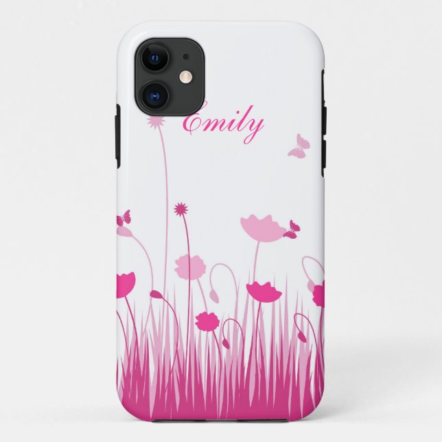 Capa Para iPhone 11 Nome do Prado Mínimo - Rosa e Pópias Brancas (Verso)