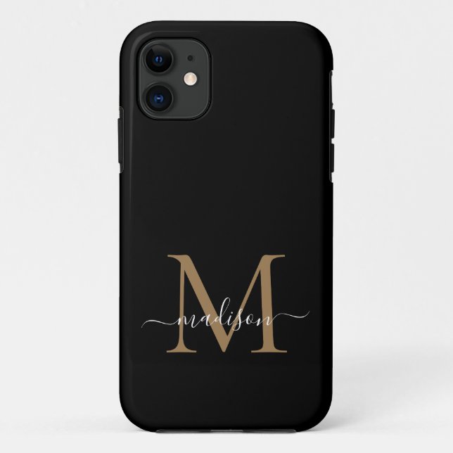 Capa Para iPhone 11 Nome do Script Feminino do Monograma Dourado Preto (Verso)