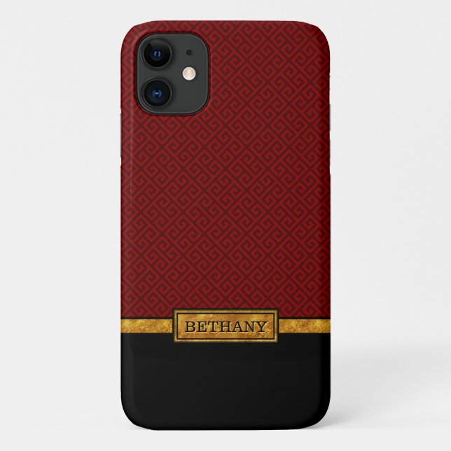 Capa Para iPhone 11 Nome Dourado Chic e Padrão de Chave Grega Vermelha (Verso)