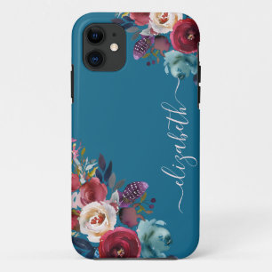 Capa Para iPhone 11 Nome Floral do Marinho Cinza Borgonha
