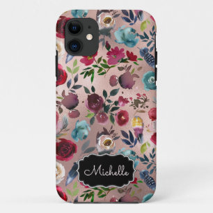 Capa Para iPhone 11 Nome Floral do Marinho Cinza Borgonha
