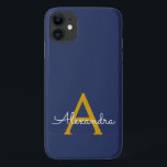 Capa Para iPhone 11 Nome Moderno do Monograma de Script Girly Dourado<br><div class="desc">Monograma Azul Dourado e Marinho Adicionar Capa de telefone de Nome Próprio. Isto faz o doce e perfeito aniversário de 16 anos,  casamento,  chá de panela,  aniversário,  chá de fraldas ou festa de solteira presente para alguém que ama luxo de luxo e estilos quíticos.</div>