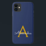 Capa Para iPhone 11 Nome Moderno do Monograma de Script Girly Dourado<br><div class="desc">Monograma Azul Dourado e Marinho Adicionar Capa de telefone de Nome Próprio. Isto faz o doce e perfeito aniversário de 16 anos,  casamento,  chá de panela,  aniversário,  chá de fraldas ou festa de solteira presente para alguém que ama luxo de luxo e estilos quíticos.</div>