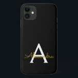 Capa Para iPhone 11 Nome Moderno do Monograma de Script Menino Dourado<br><div class="desc">Monograma Dourado e Preto Adicione sua Capa de telefone de nome próprio. Isto faz o doce e perfeito aniversário de 16 anos,  casamento,  chá de panela,  aniversário,  chá de fraldas ou festa de solteira presente para alguém que ama luxo de luxo e estilos quíticos.</div>