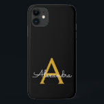 Capa Para iPhone 11 Nome Moderno do Monograma de Script Menino Dourado<br><div class="desc">Monograma Dourado e Preto Adicione sua Capa de telefone de nome próprio. Isto faz o doce e perfeito aniversário de 16 anos,  casamento,  chá de panela,  aniversário,  chá de fraldas ou festa de solteira presente para alguém que ama luxo de luxo e estilos quíticos.</div>