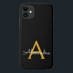 Capa Para iPhone 11 Nome Moderno do Monograma de Script Menino Dourado<br><div class="desc">Monograma Dourado e Preto Adicione sua Capa de telefone de nome próprio. Isto faz o doce e perfeito aniversário de 16 anos,  casamento,  chá de panela,  aniversário,  chá de fraldas ou festa de solteira presente para alguém que ama luxo de luxo e estilos quíticos.</div>