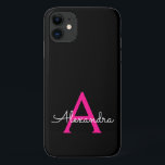 Capa Para iPhone 11 Nome Moderno do Monograma de Script Negra-Rosa-Que<br><div class="desc">Monograma Rosa Quente e Preto Adicionar sua Capa de telefone de Nome Próprio. Isto faz o doce e perfeito aniversário de 16 anos,  casamento,  chá de panela,  aniversário,  chá de fraldas ou festa de solteira presente para alguém que ama luxo de luxo e estilos quíticos.</div>