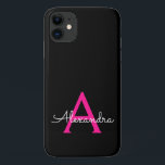 Capa Para iPhone 11 Nome Moderno do Monograma de Script Negra-Rosa-Que<br><div class="desc">Monograma Rosa Quente e Preto Adicionar sua Capa de telefone de Nome Próprio. Isto faz o doce e perfeito aniversário de 16 anos,  casamento,  chá de panela,  aniversário,  chá de fraldas ou festa de solteira presente para alguém que ama luxo de luxo e estilos quíticos.</div>