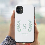 Capa Para iPhone 11 Nome Monograma<br><div class="desc">Esta capa de telefone simples e elegante é decorada com um monograma e um nome,  rodeados de folhas de aquarela verde. Facilmente personalizável. Original Watercolor © Michele Davies.</div>