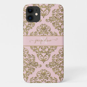 Capa Para iPhone 11 Nome Monograma do Damasco Dourado Rosa Menor