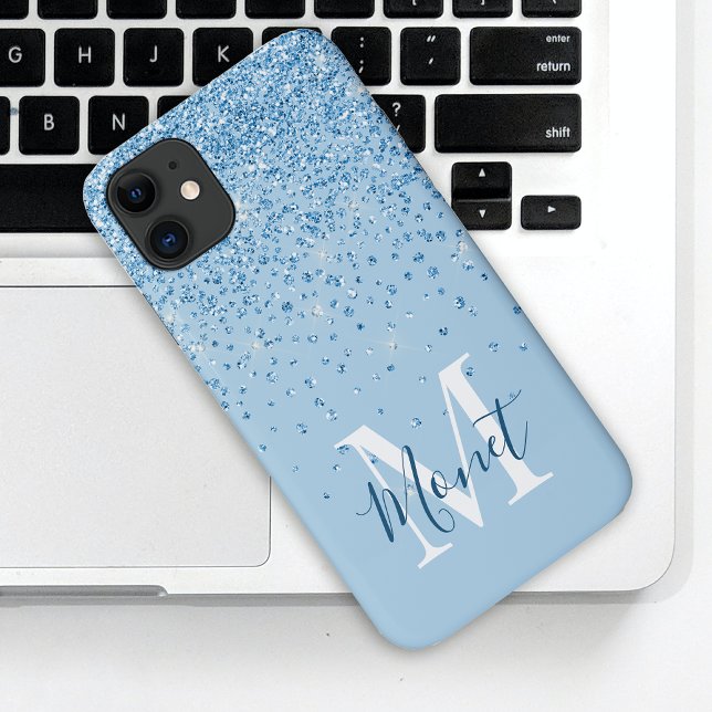 Capa Para iPhone 11 Nome Monograma em Roteiro Brilho Azul Claro (Criador carregado)