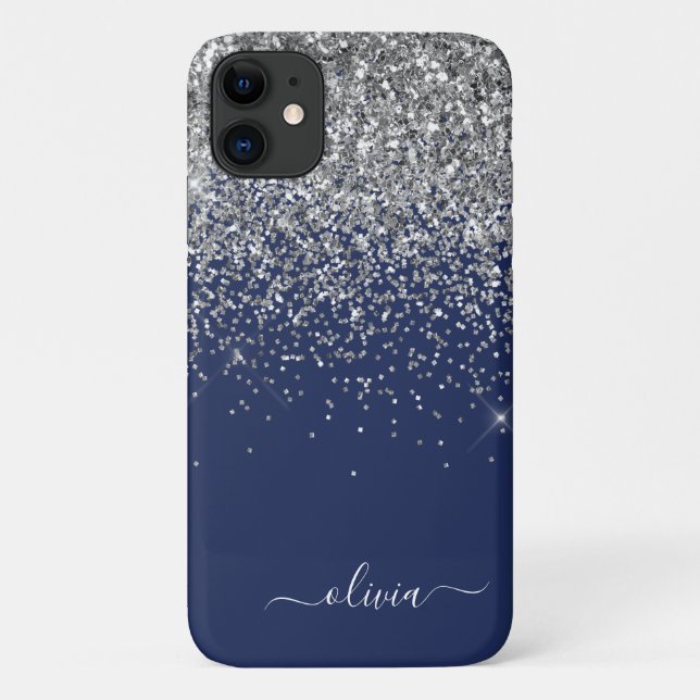 Capa Para iPhone 11 Nome Monograma Glitter Azul Marinho Prata Feminino (Verso)