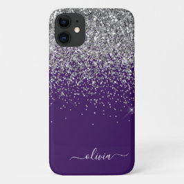 Capa Para iPhone 11 Nome Monograma Glitter Roxo Prata Menina