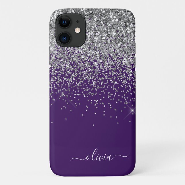 Capa Para iPhone 11 Nome Monograma Glitter Roxo Prata Menina (Verso)