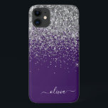 Capa Para iPhone 11 Nome Monograma Glitter Roxo Prateado Menina<br><div class="desc">Telefone de Monograma e Inicial de Metal Escovado com Brilho e Glitter Faux Roxo e Prateado. Isso faz o presente perfeito de aniversário de 16 anos, casamento, chá de noiva, aniversário de casamento, chá de bebê ou festa de despedida de solteira para alguém que ama glamour de luxo e estilos...</div>