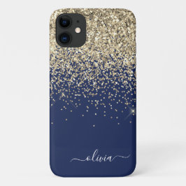 Capa Para iPhone 11 Nome Monograma Menina Brilho Azul Marinho Dourado