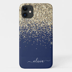 Capa Para iPhone 11 Nome Monograma Menina Brilho Azul Marinho Dourado